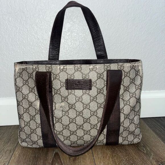 Gucci Gg Supreme PVC Handbag Tote Bag Women's Brown Beige Signature Small Tote - Picture 1 of 10